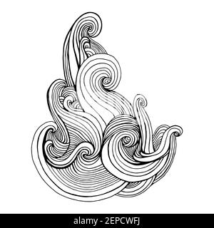 Page de coloriage des éléments à vagues ondulantes, isolée sur du blanc. Motif de style coolé décoratif à lignes noires. Illustration de Vecteur