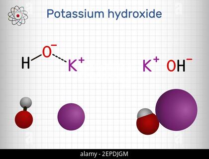 Hydroxyde de potassium, potasse caustique, molécule de lessive. LE KOH est une base caustique forte et un composé ionique alcalin. Formule chimique structurale et mod. Molécule Illustration de Vecteur
