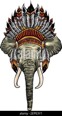 Tête d'éléphant avec headaddress en chef des indiens d'amérique. Illustration de Vecteur