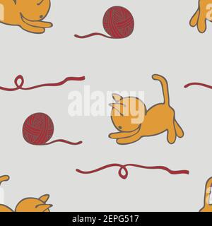 Motif vectoriel sans couture avec chat jaune et balle de fil sur fond gris. Fond d'écran simple avec chatons jouant. Textile de mode pour enfants. Illustration de Vecteur