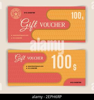 Modèle de bon cadeau Vector. Prospectus universel pour les entreprises. design vectoriel rouge jaune de luxe pour les grands magasins, les entreprises. Valeur 100 dollars. Illustration de Vecteur