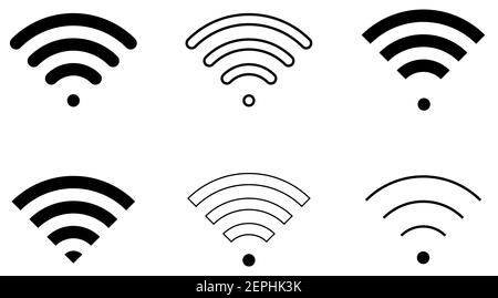 Ensemble d'icônes de signe wifi plat de forme et de niveau de connexion différents, verrouillé et déverrouillé, triangle, fin, épais et rond. Illustration de Vecteur