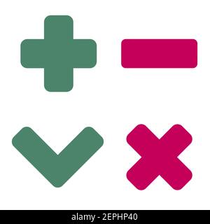 Plus moins et cochez les icônes plates rouge et vert. Illustration de Vecteur