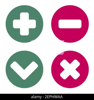 Plus moins et cochez les icônes plates à l'intérieur des cercles rouge et vert. Illustration de Vecteur