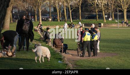 Brighton Royaume-Uni 27 février 2021 - les agents de soutien de la communauté policière vérifient les personnes qui se rassemblent dans le parc de niveau dans le centre-ville de Brighton aujourd'hui que les restrictions de verrouillage continuent en Angleterre : Credit Simon Dack / Alamy Live News Banque D'Images