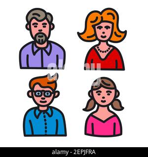 illustration du jeu de caractères de la famille avatars icônes colorées sur le fond blanc Illustration de Vecteur