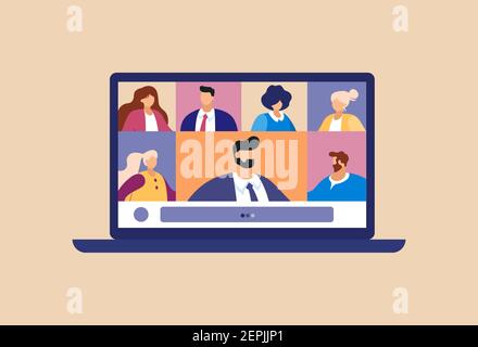 Vidéoconférence en ligne. Séminaire en ligne de l'équipe d'entreprise sur ordinateur portable avec discussion et travail virtuels. Illustration de Vecteur
