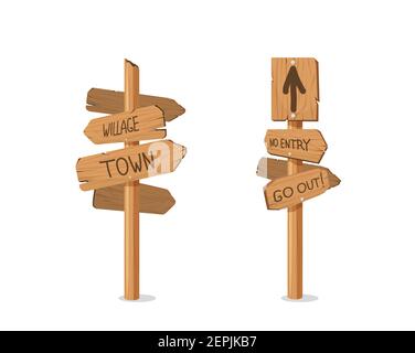 Poteau en bois suspendu avec des pointeurs rétro en bois. Vieux panneaux d'affichage sur le bâton avec arrêt et pas d'annonces d'entrée et d'information. Illustration de Vecteur