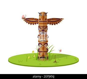 Totem fantastique oiseaux sur la pelouse. Ancienne statue en bois amérindienne de créatures mythiques ethniquement. Illustration de Vecteur