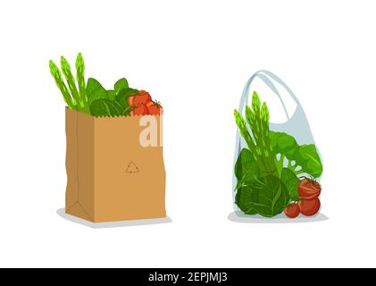 Sac en papier et cellophane avec clipart de légumes. Sac écologique jaune rempli de tomates rouges et de laitue sac chimique en polyéthylène. Illustration de Vecteur