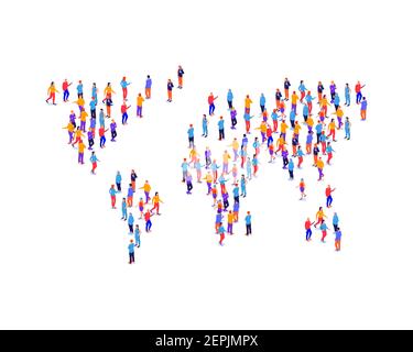 Rassembler les gens dans la forme carte de la terre illustration isométrique. Groupes personnages alignés avec l'analyse des continents du monde population humaine. Illustration de Vecteur