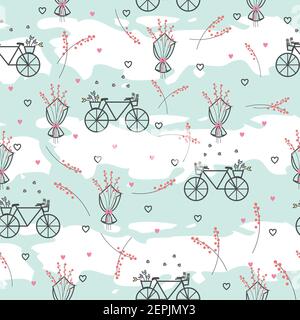 Bicyclettes et tiges de fleurs et bouquet sans couture répétition de motif Illustration de Vecteur