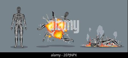 Explosion et combustion de la clipart de cyborg. Les parties du corps mécanique du robot humanoïde s'auto-détruise avec un flash rouge vif. Illustration de Vecteur