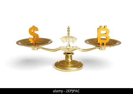 Machine de pesage avec les signes dollar et bitcoin sur leurs plaques isolées sur fond blanc. illustration 3d. Banque D'Images