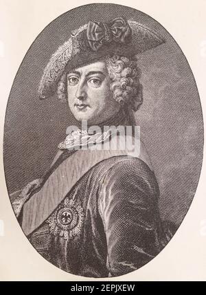 Frederick II (24 janvier 1712 – 17 août 1786) était un roi prussien et un chef militaire qui a dirigé le Royaume de Prusse de 1740 à 1786, à 46 ans le plus long règne de tout roi Hohenzollern. Ses réalisations les plus importantes durant son règne ont inclus sa réorganisation des armées prussiennes, ses succès militaires dans les guerres de Silésie et les partitions de la Pologne, et son patronage des arts et des Lumières. Banque D'Images