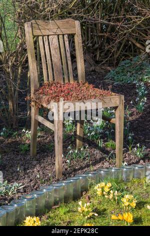 Ancienne chaise en bois est dans le jardin dans le lit de fleurs comme une décoration et a des plantes. Banque D'Images