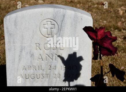 Une rose rouge à longue tige décorera la tombe d'une femme nommée Rose enterrée dans le cimetière national de Santa Fe, au Nouveau-Mexique. Banque D'Images