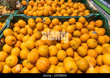 Dépôt en gros de fruits exotiques. Produits locaux sur le marché des agriculteurs. Mandarines fraîches, oranges ou mandarines, fruits avec feuilles dans des boîtes à l'air libre Banque D'Images