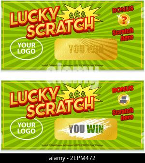 Scratch carte de jeu de loterie avec revêtement et révélé gagner 2 des images horizontales réalistes définissent une illustration vectorielle isolée Illustration de Vecteur