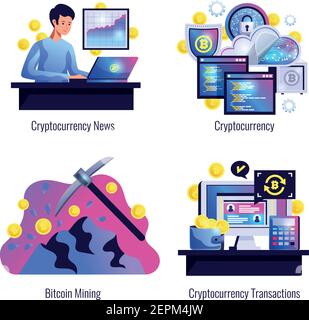 Ensemble de concepts 2x2 crypto-monnaies du marché de la finance minière bitcoin nouvelles et compositions de transactions de crypto-monnaie illustration de vecteur plat Illustration de Vecteur