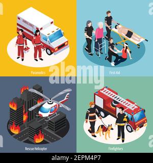 Équipe de sauvetage 2x2 concept ensemble de pompiers ambulanciers paramédicaux de secours illustration vectorielle de compositions isométriques d'hélicoptère et de premiers soins Illustration de Vecteur