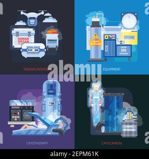 Conception 2x2 plate de transplantation de crionique cytogénique avec compositions de images de l'équipement médical de cryothérapie et illustration du vecteur de texte Illustration de Vecteur