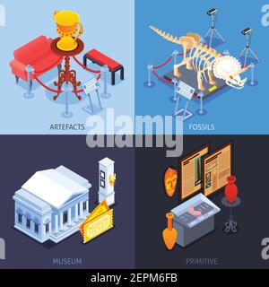 Concept de conception isométrique 2x2 avec compositions de collection de musée images avec échantillon et légende de texte illustration vectorielle Illustration de Vecteur