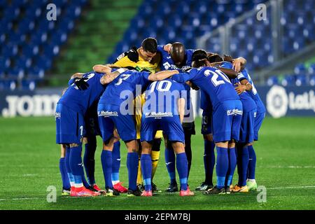 Getafe, Madrid, Espagne. 27 février 2021. Joueurs de Getafe FC pendant le match de la Liga entre Getafe CF et Valencia CF au Colisée Alfonso Perez à Getafe, Espagne. 27 février 2021. Credit: Angel Perez/ZUMA Wire/Alay Live News Banque D'Images