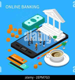 Composition isométrique de banque en ligne avec fonds, cartes de paiement, café, personnes d'affaires sur l'écran d'appareil mobile illustration vectorielle Illustration de Vecteur