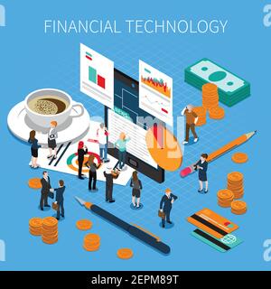 Technologie financière composition isométrique avec personnes en affaires, argent, rapports économiques, appareil mobile sur fond bleu, illustration vectorielle Illustration de Vecteur