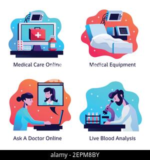 Medicine 4 icônes concept design avec le service de médecin en ligne sang illustration du vecteur isolé de l'équipement de test et de surveillance Illustration de Vecteur