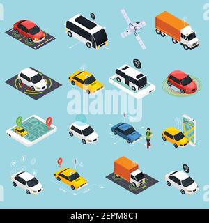 Ensemble d'icônes isométriques de véhicule autonome de bus de voiture robotisé sans conducteur chariot de train taxi commandé par l'illustration du vecteur de navigation par satellite Illustration de Vecteur