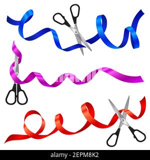 Ensemble de rubans tourbillonnants colorés avec ciseaux en métal comme symbole de la cérémonie publique de grande ouverture événement d'inauguration vecteur réaliste illustration Illustration de Vecteur