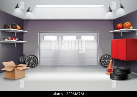 Intérieur de garage de couleur grise composition réaliste avec équipement de sport, roues d'automobiles, cônes de route 3D vector illustration Illustration de Vecteur