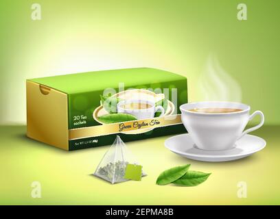 Feuilles de thé vert, sachet et emballage en carton, tasse blanche avec boisson chaude dessin réaliste illustration vectorielle Illustration de Vecteur