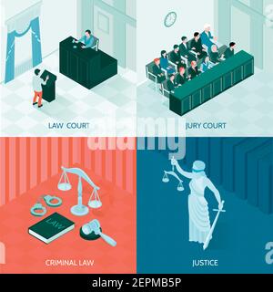 Symboles du droit et de la justice et de la Cour du jury isométrique 2x2 concept sur illustration vectorielle 3d en arrière-plan coloré Illustration de Vecteur