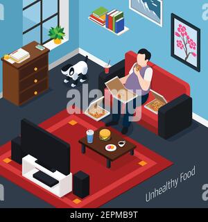 Homme avec surpoids sur le canapé avec pizza devant illustration du vecteur de composition isométrique tv Illustration de Vecteur