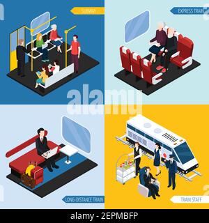 Intérieur du train avec passagers pour les trajets longue distance, les trajets express, le métro, l'illustration du concept vectoriel isométrique Illustration de Vecteur