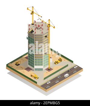 Construction de gratte-ciel composition isométrique avec des grues de tour de rue adjacentes et un palan pour l'illustration vectorielle de travail de façade Illustration de Vecteur