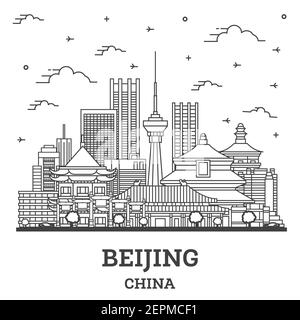 Beijing Chine Aperçu sur les toits de la ville avec des immeubles modernes isolé sur blanc. Vector Illustration. La ville de Beijing avec repères. Illustration de Vecteur