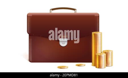 Porte-documents avec piles de pièces dorées isolées sur fond blanc. Illustration 3d vectorielle Illustration de Vecteur