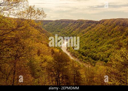 Vue aérienne de la nouvelle gorge pittoresque de Victor, Virginie occidentale. Les pentes des collines sont couvertes d'arbres et la rivière coule paisiblement dans le bo Banque D'Images