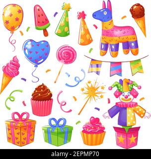 Fête d'anniversaire fête cadeaux gâteaux accessoires décorations de fête collection d'éléments avec des ballons confetti chapeaux illustration vectorielle isolée Illustration de Vecteur