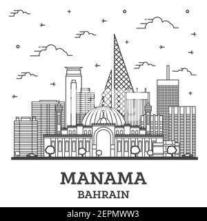 Contour de la ville de Мanama Вahrain Skyline avec bâtiments modernes isolés sur blanc. Illustration vectorielle. Мanama Cityscape avec des monuments. Illustration de Vecteur