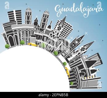 Guadalajara Mexico Skyline avec des bâtiments couleur, ciel bleu et espace de copie. Illustration vectorielle. Concept de tourisme avec historique Illustration de Vecteur