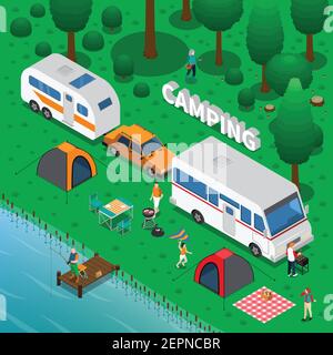 Concept de camping avec remorque de pêche et symboles de famille vecteur isométrique illustration Illustration de Vecteur