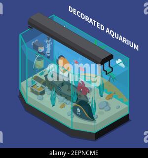 Composition d'aquarium décorée avec des symboles d'équipement et d'accessoires sur fond bleu illustration vectorielle isométrique d'arrière-plan Illustration de Vecteur