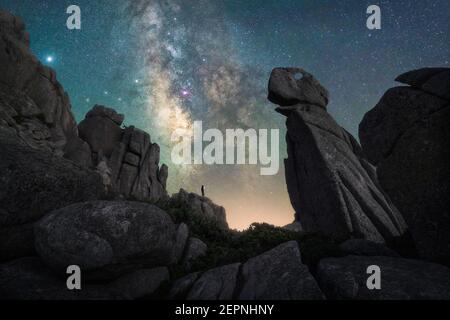 Silhouette d'homme debout sur une colline avec de grands coks parmi plantes vertes avec ciel nocturne coloré avec étoiles et laiteux en arrière-plan Banque D'Images