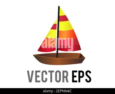 Le côté vectoriel isolé de l'icône de bateau à voile en bois brun avec mélange de voiles jaune, orange et rouge Illustration de Vecteur