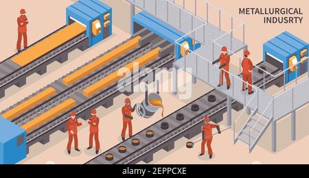 Industrie métallurgique de l'acier et du fer laminage à chaud et moulage par injection composition isométrique de l'installation avec illustration vectorielle des travailleurs Illustration de Vecteur